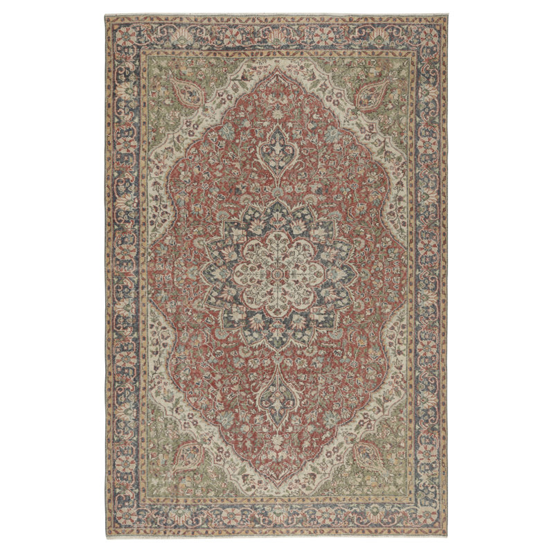 Tapis rouge turc 6,8 x 10,2 pi pour décoration de salon. Tapis en laine noué à la main avec motif médaillon