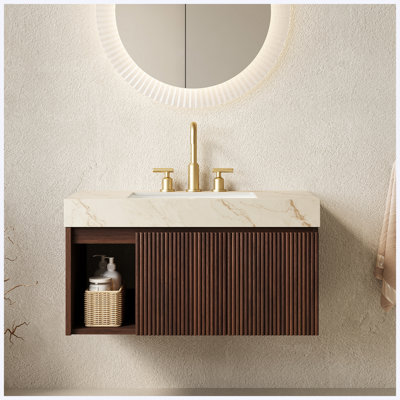 Meuble-lavabo suspendu de 91 cm (36 po) en imitation bois de noyer avec lavabo, dessus en pierre frittée couleur crème veinée or, lavabo en céramique et 3 trous pour robinetterie (robinet et bonde non inclus).