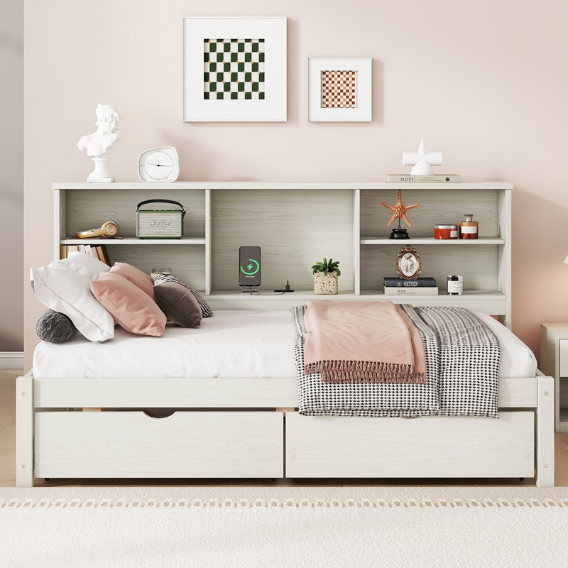 Cadre de lit simple avec tablettes latérales, deux tiroirs et port USB intégré pour une couleur blanc crème, Blanc crémeux