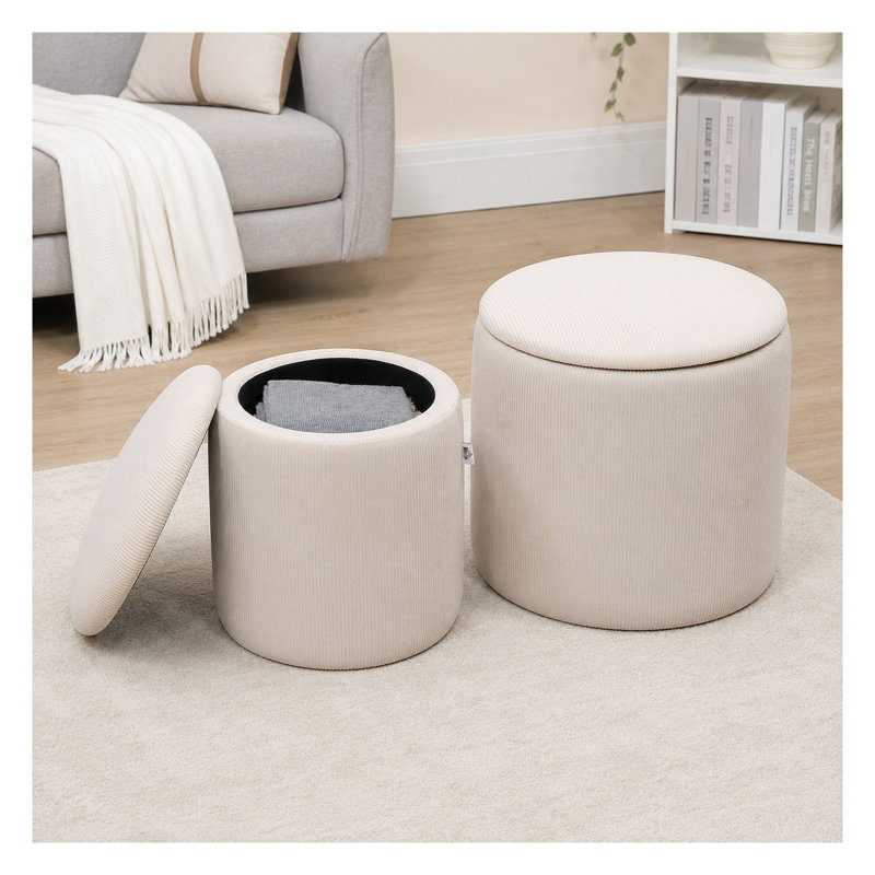 Ensemble de 2 poufs de rangement gigognes HOMCOM avec couvercles amovibles, repose-pieds rembourrés en velours côtelé blanc crème