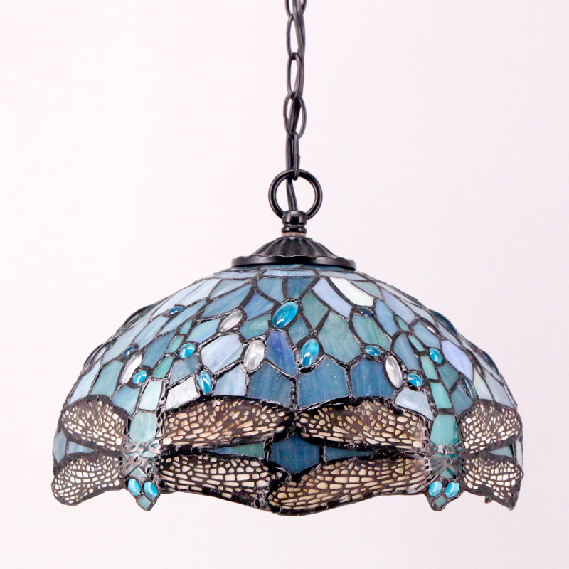 Sea Blue Stained Glass Dragonfly Pendant Lamp with LED Bulb