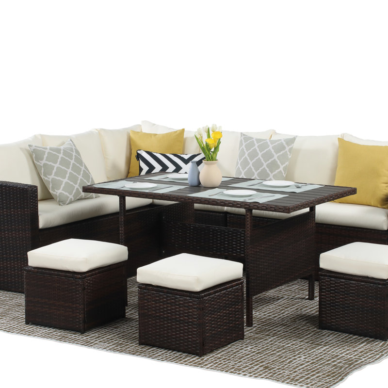 Ensemble de canapé modulaire 7 pièces en rotin et osier avec coussins (canapé de patio) PE, Ivoire ivoire, Marron foncé