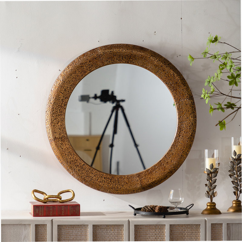 31.3 Inch Hammered Gold Round Wall Mirror With Iron Frame And MDF Back, Rustic Accent For Living Room Or Bedroom