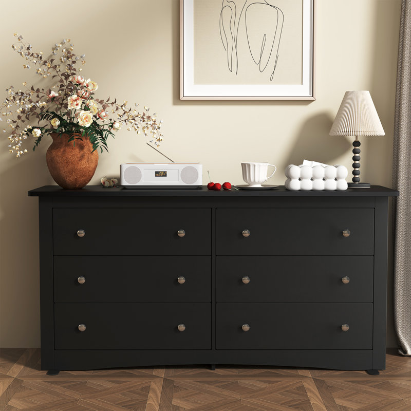 59" W 6-Drawer Double Dresser, Modern Wood Storage Chest, Black