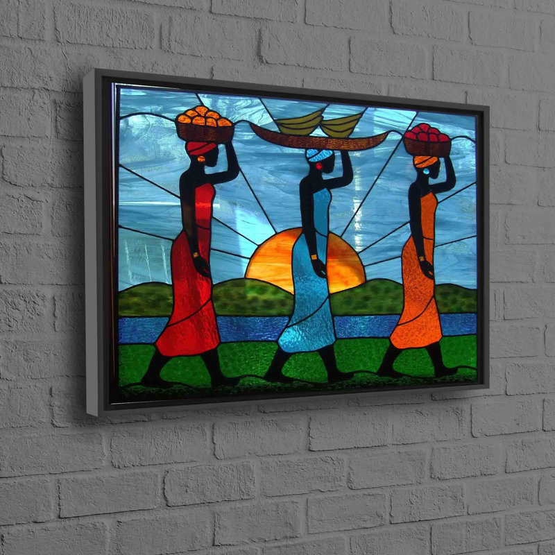Superbe coucher de soleil sur toile avec un paysage abstrait avec une femme africaine audacieuse représentée dans des tons noirs évocateurs