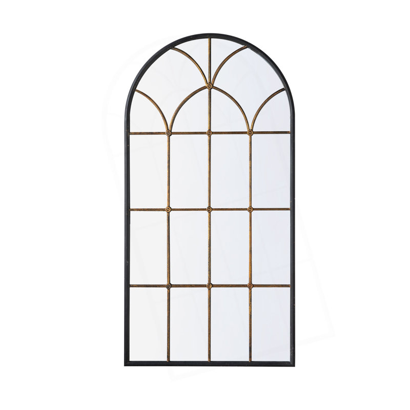 34x65.5" Arched Full-Length Mirror with Black and Gold Windowpane Design