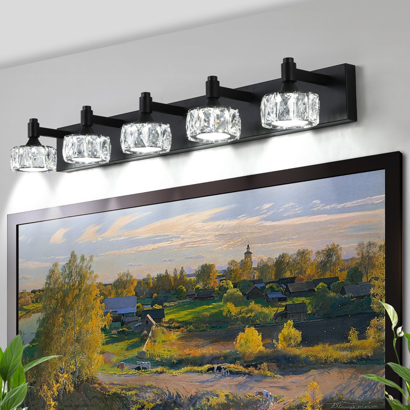 Modern Crystal Glass Shade Led Vanity , Matte Black For Bathroom With Glass, Suitable & Dressing Room, 5 Lights