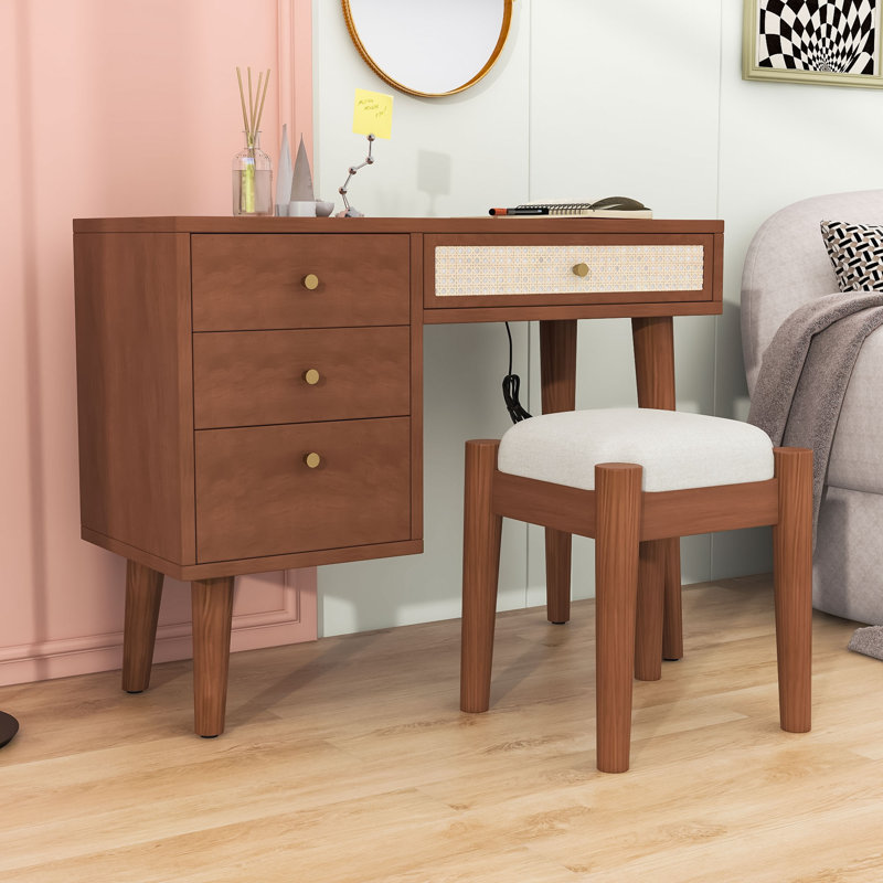 Retro Wood Makeup Vanity Set with with Built-in Charging Station, Ample Storage and Cushioned Stool, Walnut