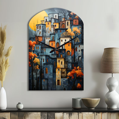 Cityscape Exquisite Blue II - Buildings Asymmetrical Metal Wall Clock, Blue Arch Wall Clock Print