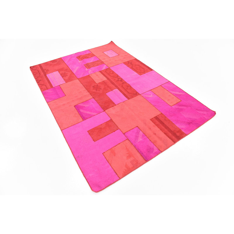 Tapis de la zone en laine rouge/rose 4 pi 6 po x 6 pi en laine one-of-kind à la main noué la new age Mirfield