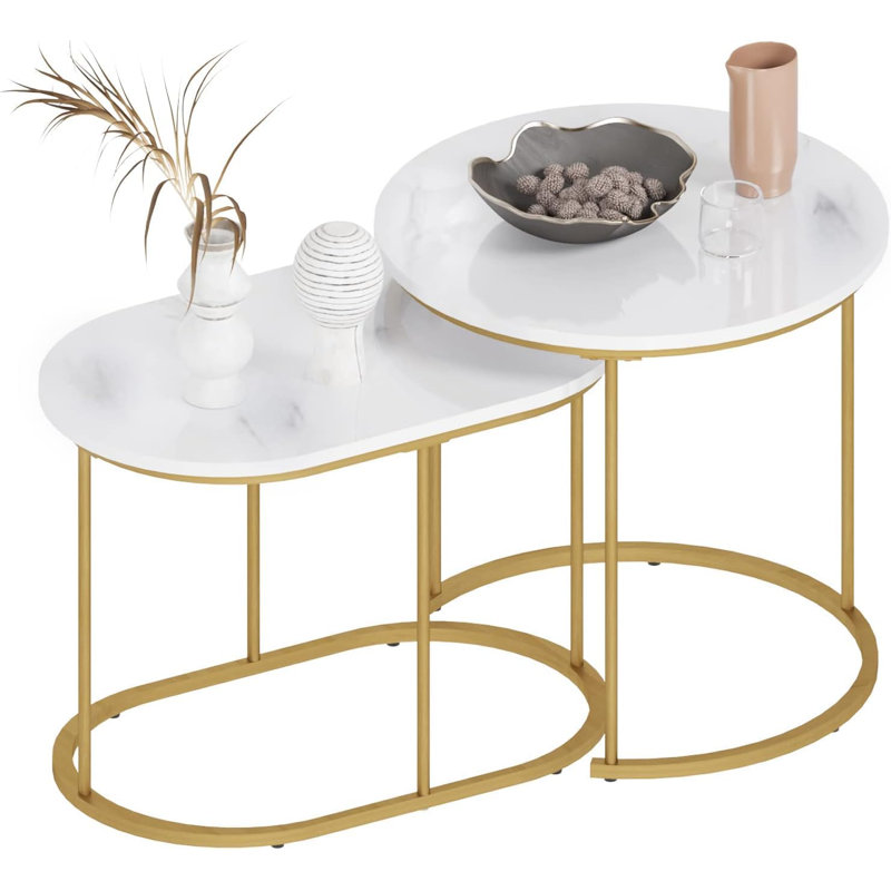 Golden Marble Pattern Nesting Tables - Set Of 2 Stacking Side Tables For Living Room, Balcony, And Office Decor, Golden