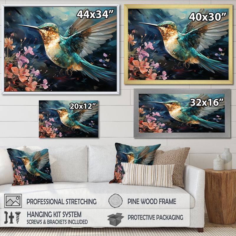 Colibri vert émeraude en fleurs II - Colibri, art mural, Cadre d'angle fermé noir, H 12 po x l 20 po x P 1 po