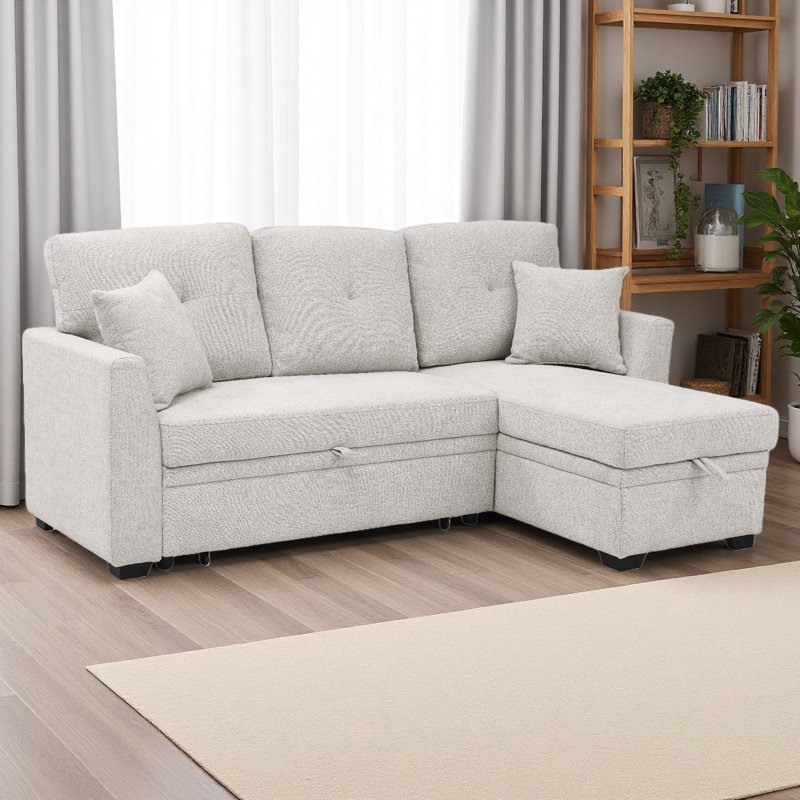 76.5" Linen Blend Upholstered Sectional With Pull-Out Bed And Chaise, Beige