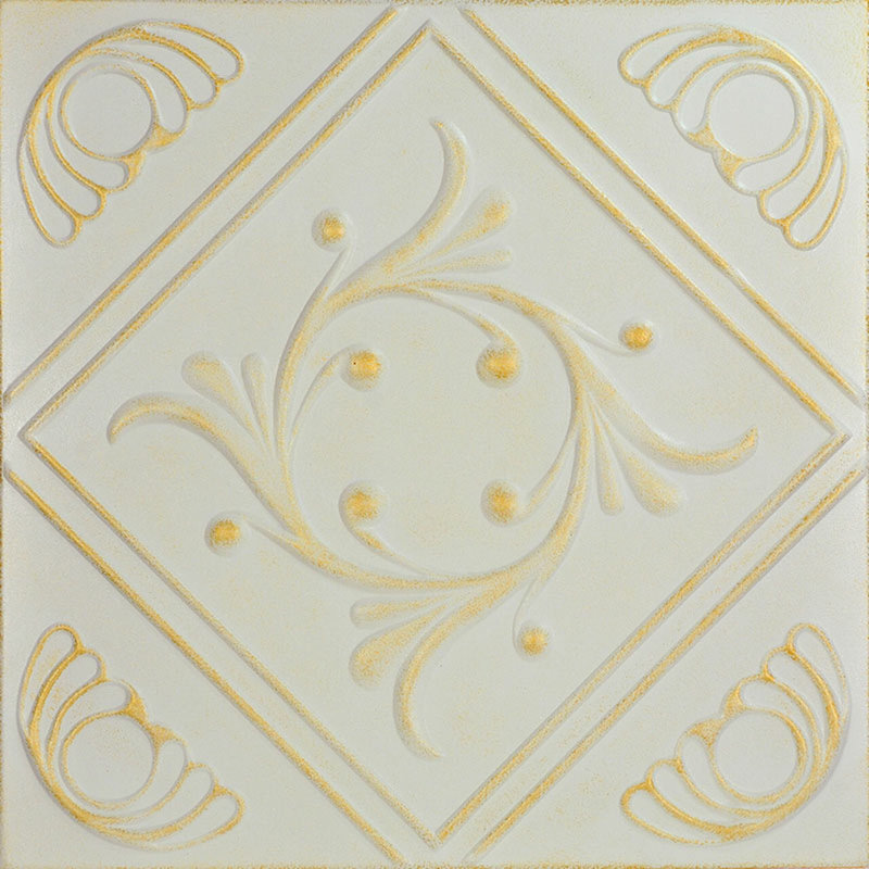 Carreau de plafond en polystyrène à coller 1,6 pi x 1,6 pi Diamond Wreath, Blanc délavé or