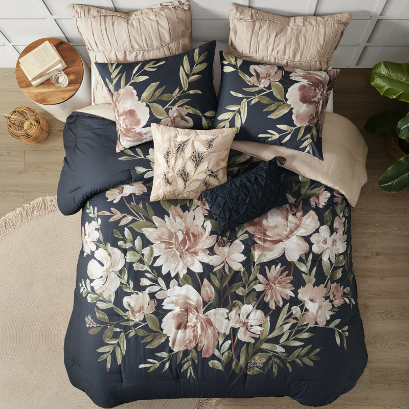 Édredon bleu marine 8 pièces - Imprimé en coton avec coussins lavables à la machine, Édredon grand + 7 pièces supplémentaires