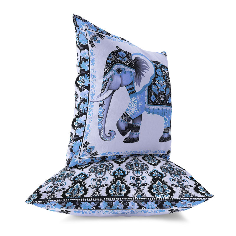 Coussin intérieur / extérieur Elephant Garden, Bleu / Noir, H 16 po x l 16 po