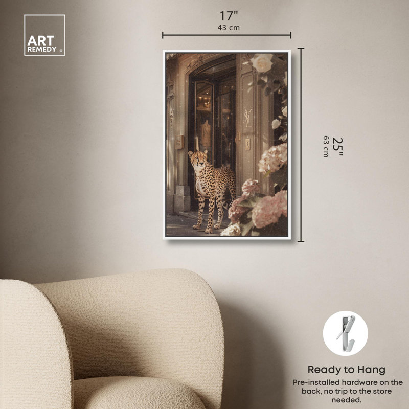 «Cheetah at the Store», designer de mode sur toile par Art Remedy, Cadre blanc, H 25 po x l 17 po