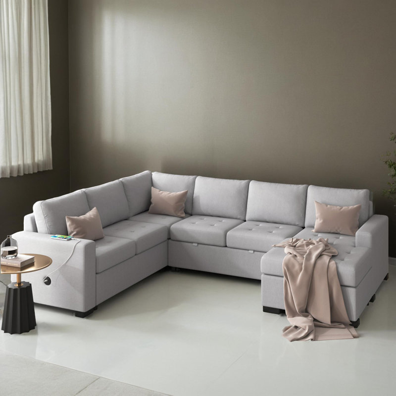 108" Upholstered Pull-Out Sleeper Sectional Sofa Bed, Gray Polyester Blend