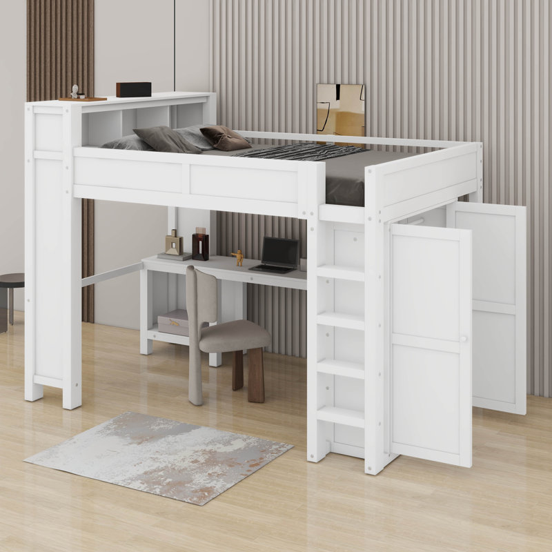 Wooden Queen Loft Bed With Wardrobe And Desk, Headboard With Storage And USB, White