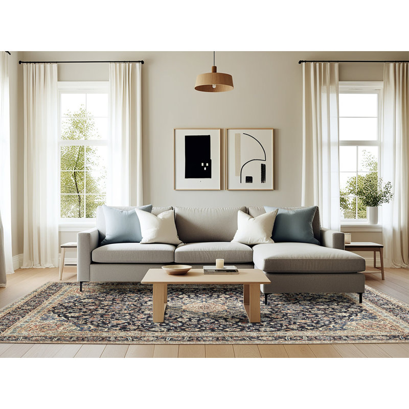 Beige oriental/noir/Tapis décoratif bleu, Rectangle 6 pi x 9 pi