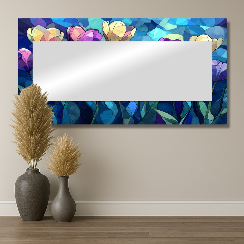«Blue Velvet Sky Tulips Field» - art mural miroir floral - imprimé sur métal, 28" x 55"