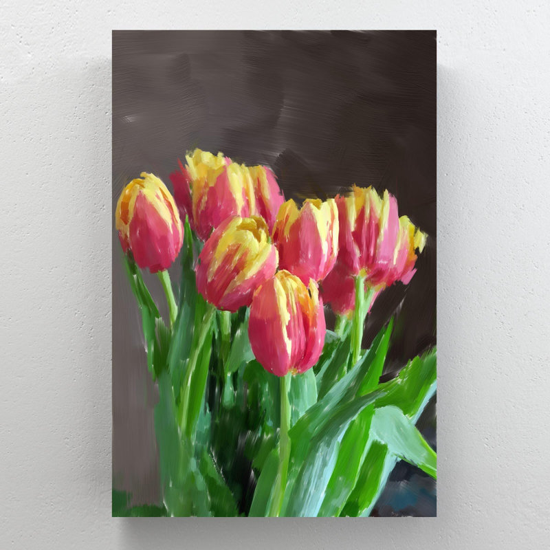 «Pink and Yellow Tulips In Bloom», reproduction d'art rectangulaire sur toile tendue 1 - 1 pièce, H 20 po x l 16 po
