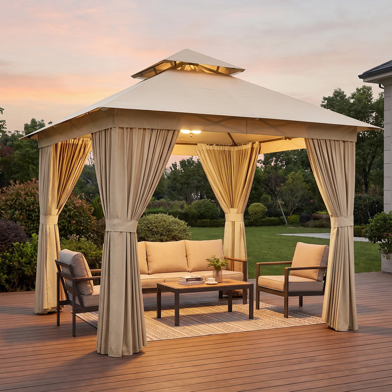 Gazebo de terrasse extérieure de 2,4 m x 2,4 m avec toit à deux étages, moustiquaire et rideaux d'intimité