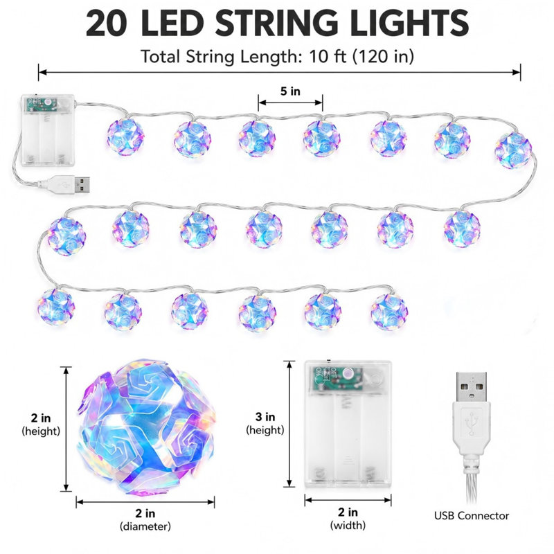 Guirlande de 10 pi avec 20 lumières DEL et deux options d'alimentation