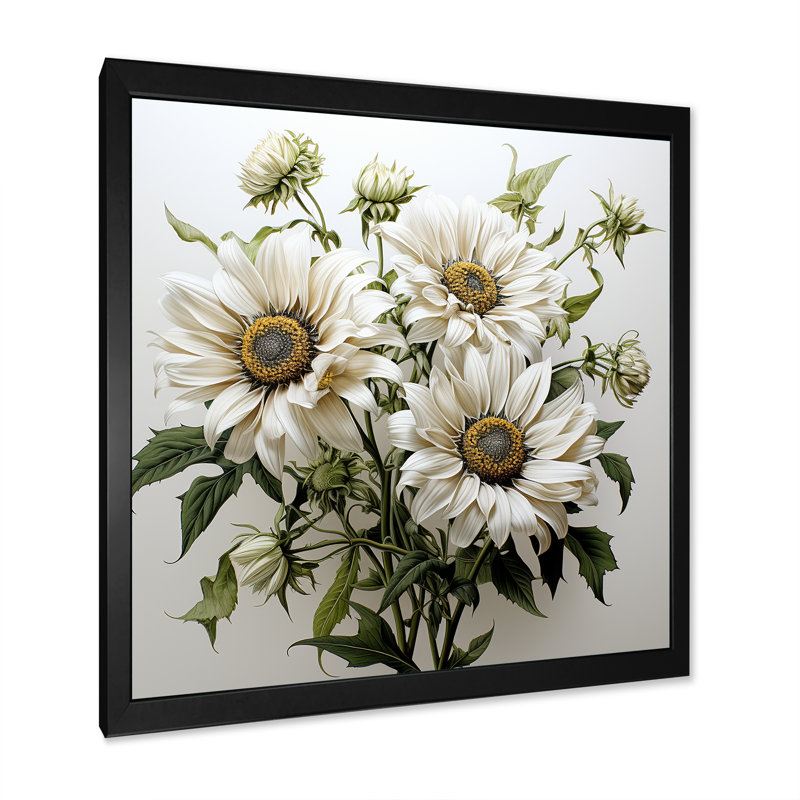 «Gray and Green Sunflowers Blooming», reproduction sur toile encadrée, Cadre simple noir, H 16 po x l 16 po x P 1 po