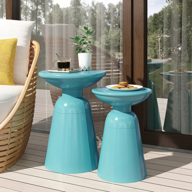 Serenita Outdoor Iron Side Tables With Flared Design, Set Of 2, For Modern And Durable Outdoor Use, Teal