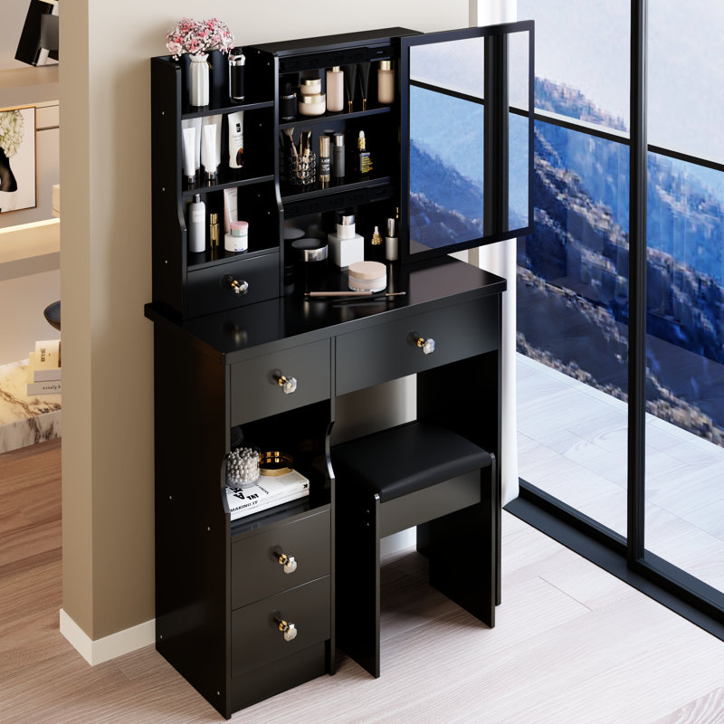 Petit meuble-lavabo avec tiroir à gauche 29,2 po orienté petit espace, très grand miroir coulissant, rangement multicouche, style américain, noir