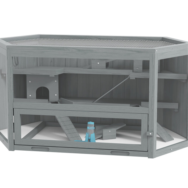 Hamster en bois gris caché - 3 niveaux avec balançoires à bascule, bouteille d'eau, plateau amovible idéal pour la détente des petits animaux de compagnie et jouer dans une grande cage près du plateau, centre d'activités pour animaux