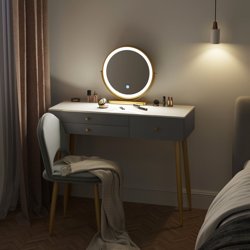 Etchemin Dressing Table with Mirror, Grey/Gold