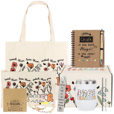 Cadeaux de l'enseignant pour les femmes, cadeaux de remerciement de l'enseignant, boîte-cadeau de remerciement pour tasse de voyage, sac fourre-tout et sac de maquillage, ensemble de notes autocollantes, carte, bracelet, signet, fin d'année et rentrée 