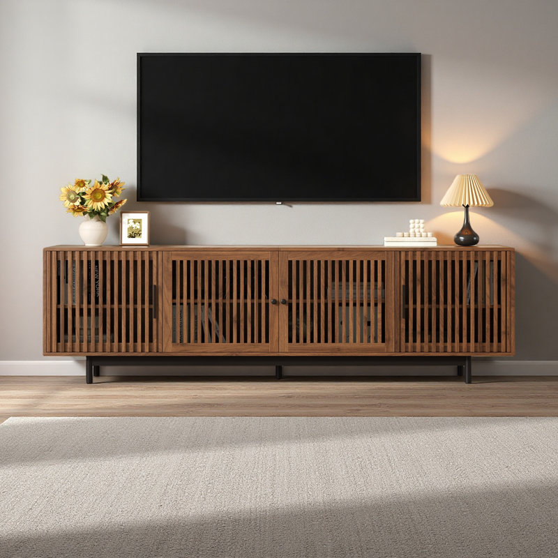 Meuble télé moderne de 78 po pour téléviseur de 85 po ou moins, centre de divertissement avec rangement fermé et gestion des câbles, charnières à fermeture en douceur, pieds en bois massif pour le salon