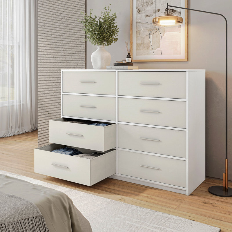 Commode 8 tiroirs avec grands tiroirs en tissu, blanc, Blanc