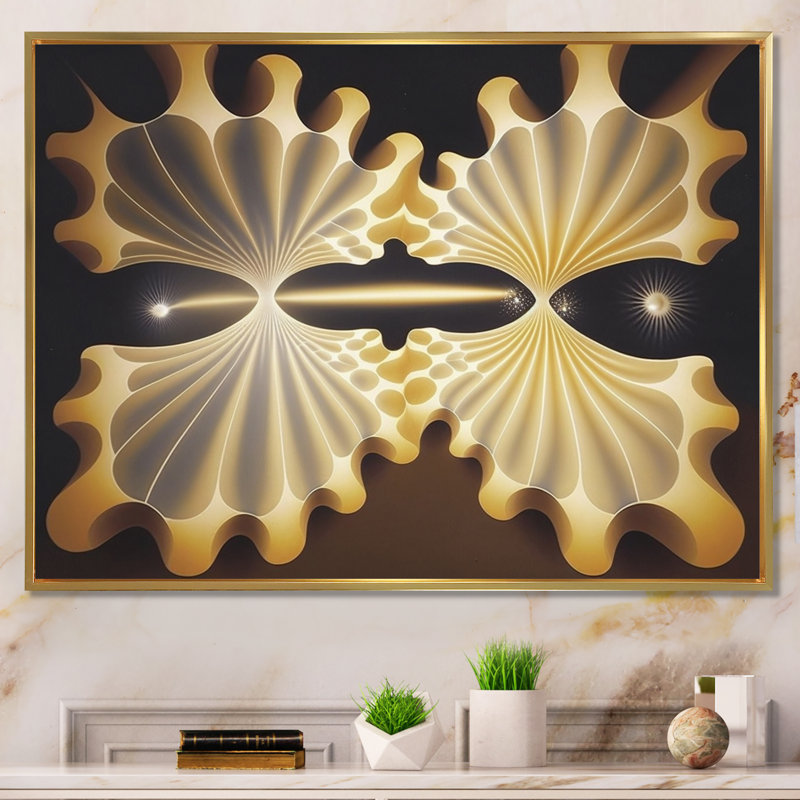 Faisceaux lumineux à travers l'espace en jaune rétro - reproduction sur toile, Cadre flottant doré
