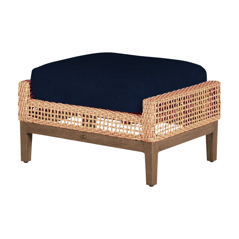 Repose-pieds tissé péninsule - Raphia clair / bois de santal, Pas de passepoil + bourre standard, Velours indigo