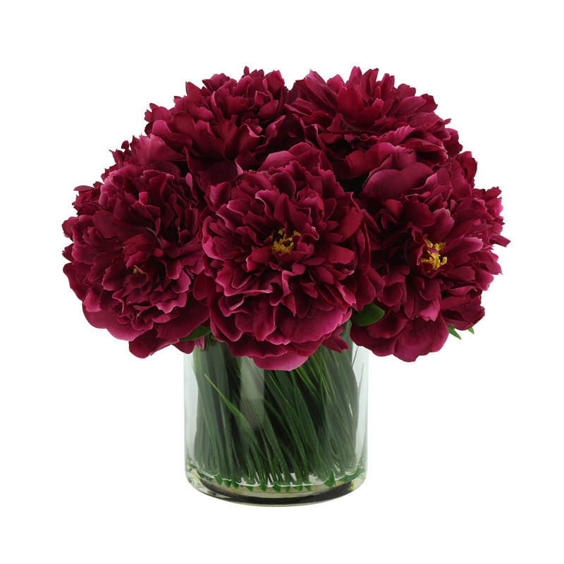 Faux Peony Arrangement in a Glass Vase, Dark Magenta