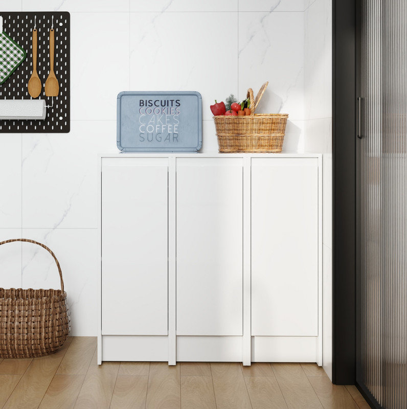 Armoire de rangement de salle de bain autoportante 36 po, portes à fermeture douce, blanc brillant, contreplaqué, emballage KD, combinaison de 12 po x 3 po (convient pour la salle de bain, la cuisine, la salle d'étude, la chambre à coucher, etc.)