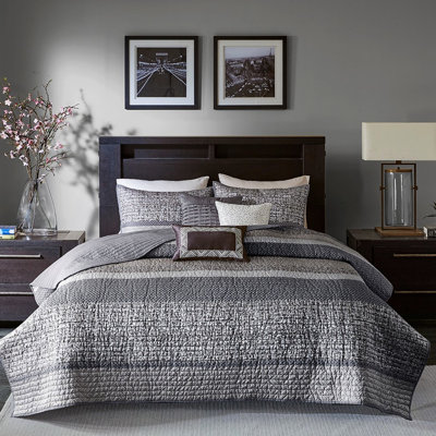 Courtepointe 6 pièces très grand / très grand, gris / taupe, lavable à la machine, broderie et coussins plissés réversible de luxe gris et taupe, rembourrage, détails des coussins