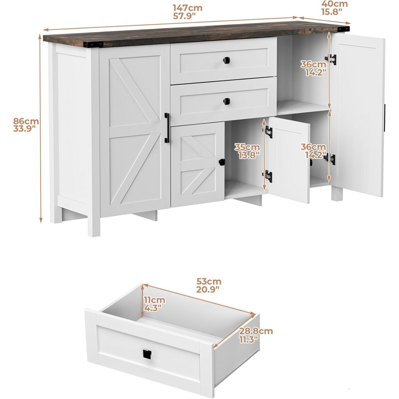 58" Sideboard Buffet Cabinet with Storage, Coffee Bar Cabinet with 2 Drawers and 4 Barn Doors