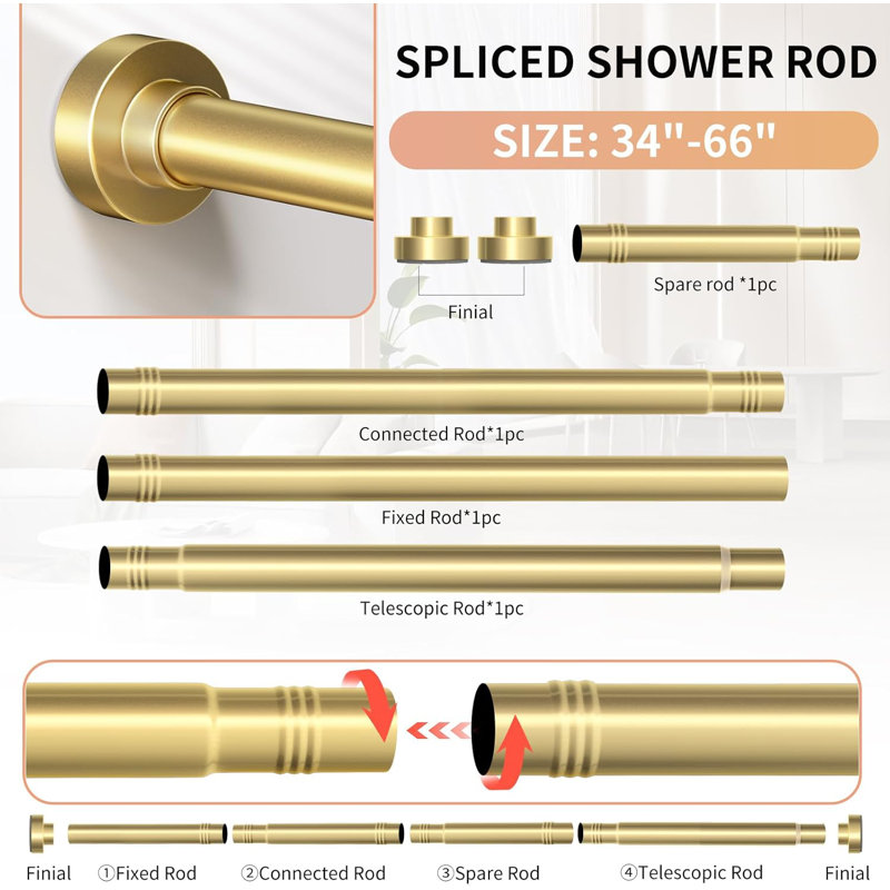 Tringle à rideau de douche dorée 34 à 66 pouces (2,8 à 5,5 pi)