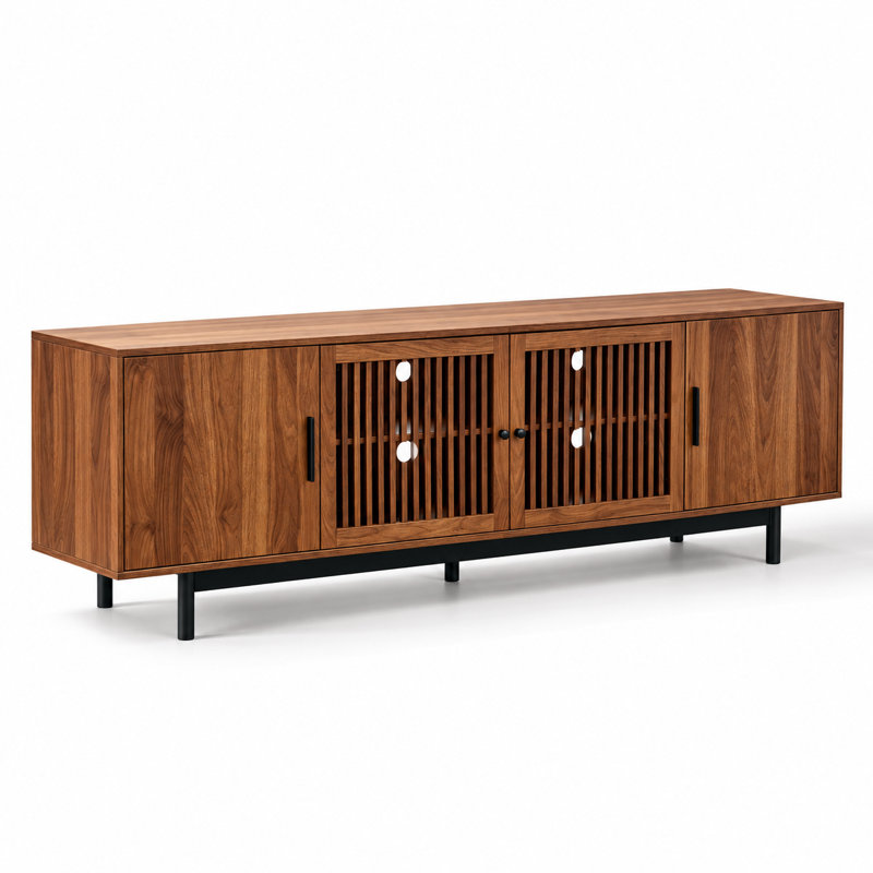 Meuble télé pour téléviseurs jusqu'à 85 pouces, console multimédia robuste avec portes à lattes, charnières à fermeture douce, tablettes intérieures réglables, gestion des câbles intégrée et poignées en métal.