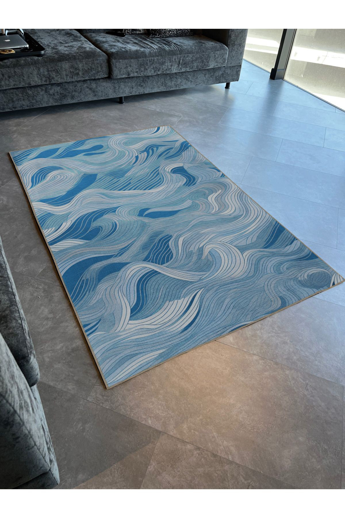 Abstract Blue Rug Pattern Orren Ellis Blue Abstract Wavy Pattern Creative Modern Decorative ...