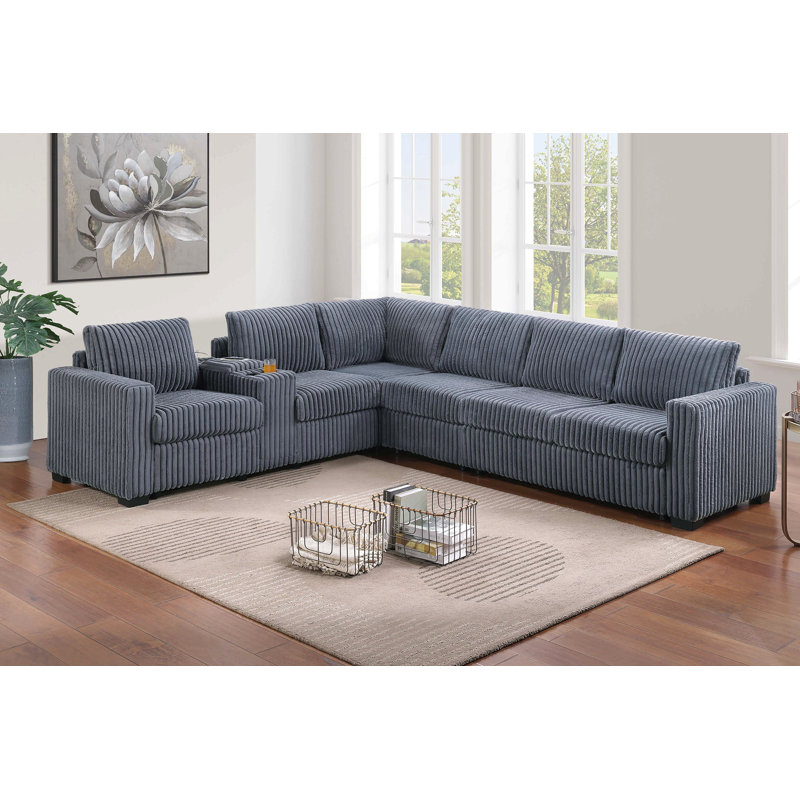 Modern Style L-Shape 4Pc Sectional Set Reversible Loveseat Usb Ports Cup Holder Armless Chair Plastic Legs Corduroy Upholstered Primary Living Room