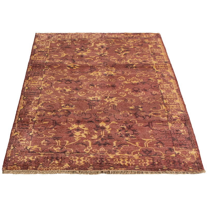 Tapis unique en viscose noué à la main style années 2010 de 5 pi 1 po x 7 pi 10 po rouge foncé Andreco