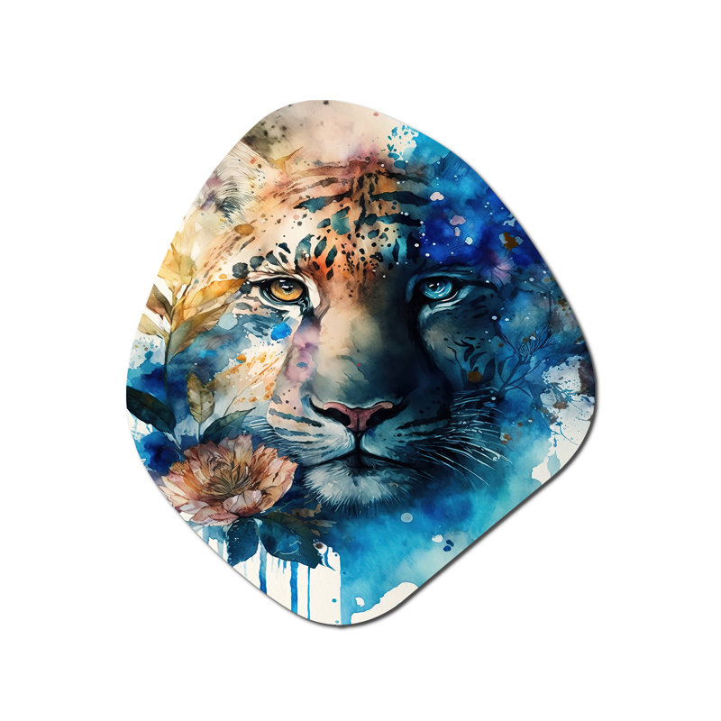 Portrait de tigre avec fleurs II - reproduction d'art asymétrique en tigre sur métal, sculpture murale, H 28 po x l 25 po