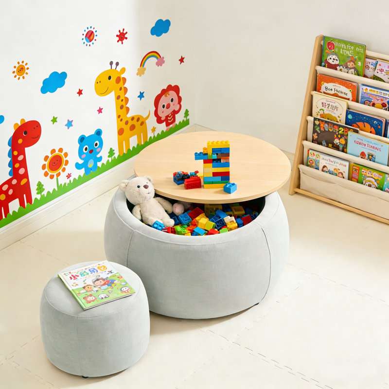 Modern Fabric Storage Stool Set, Includes Round Stool + Storage Stool, Gray
