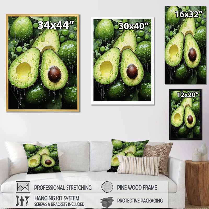 «Fruit Lush Avocado Pointillism», reproduction d'art sur toile, H 40 po x l 30 po x P 1,5 po, Cadre noir